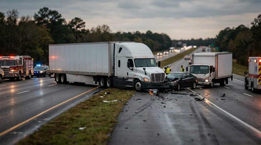 Damaged vehicles on highway after collision at dusk.