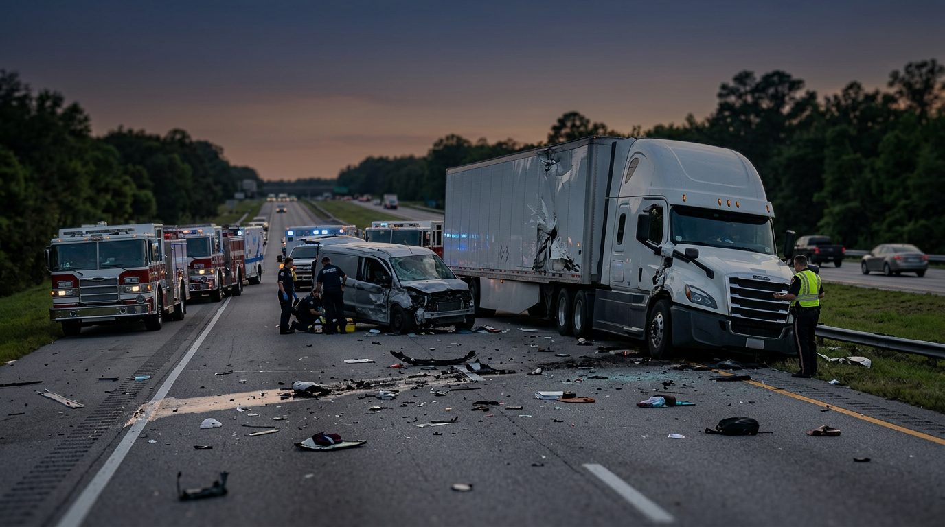 Damaged vehicles on highway after commercial truck collision at dusk.