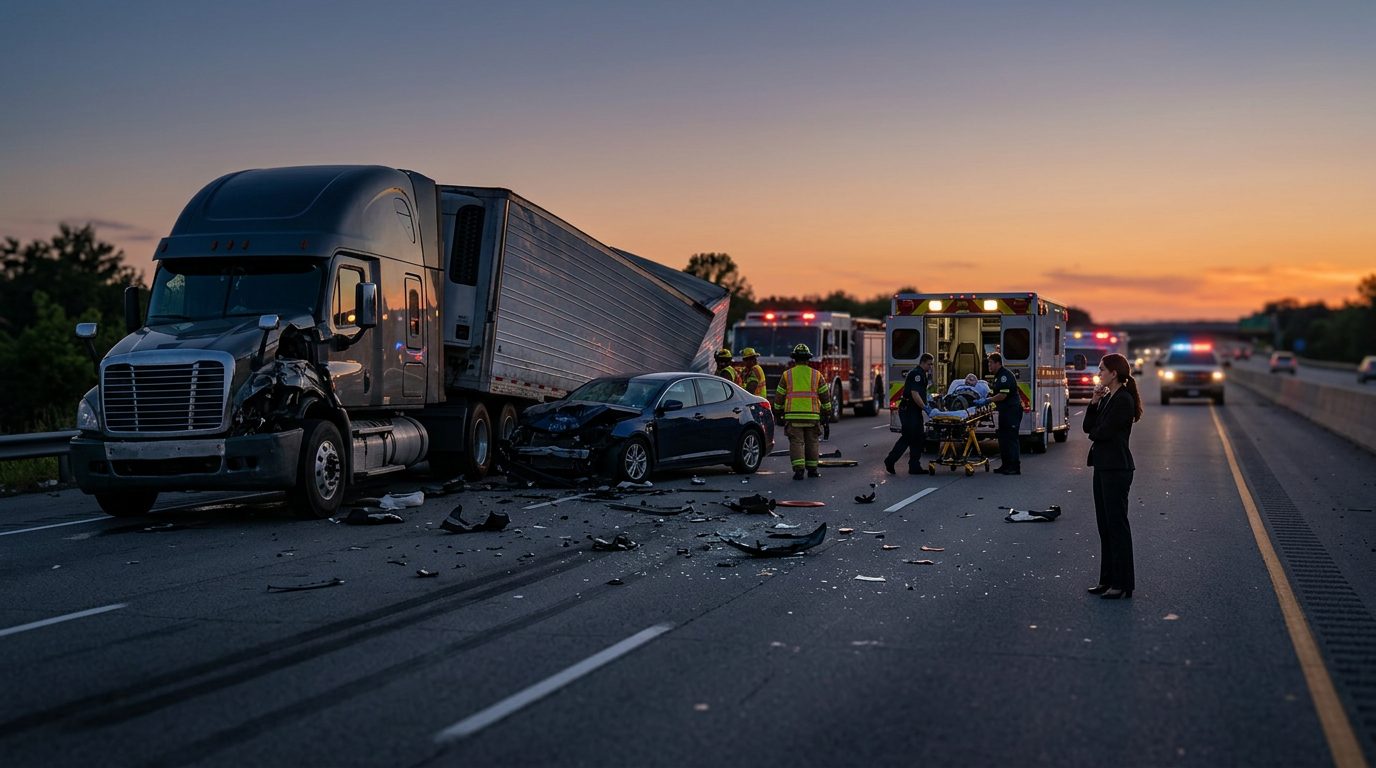 Damaged vehicles on highway after commercial truck collision at dusk.