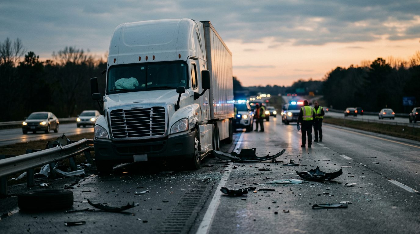 Damaged vehicles on highway after commercial truck collision at dusk.