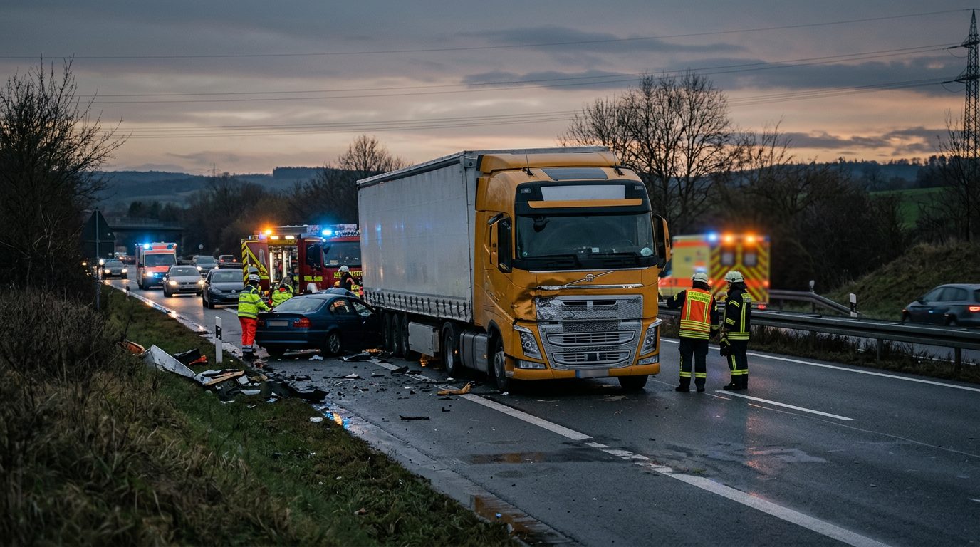 Damaged vehicles on highway after commercial truck collision at dusk.