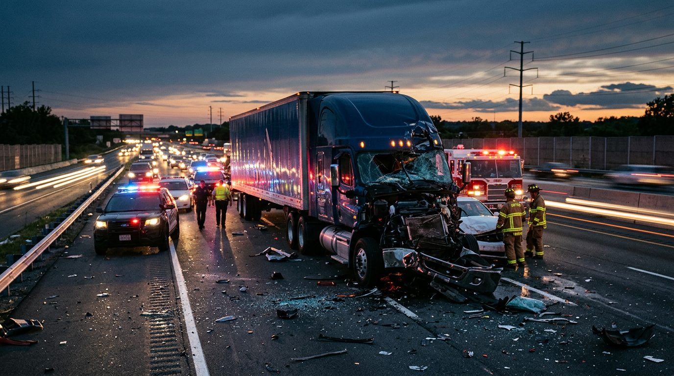 Damaged vehicles on highway after commercial truck collision at dusk.