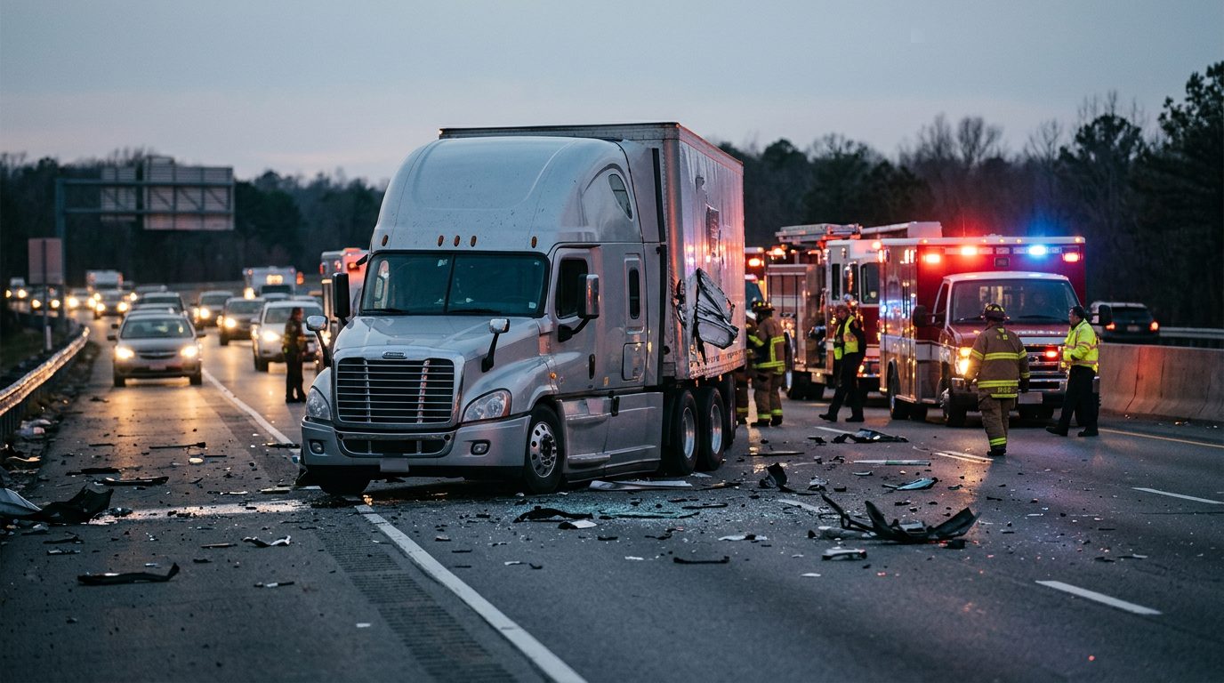 Damaged vehicles on highway after commercial truck collision at dusk.
