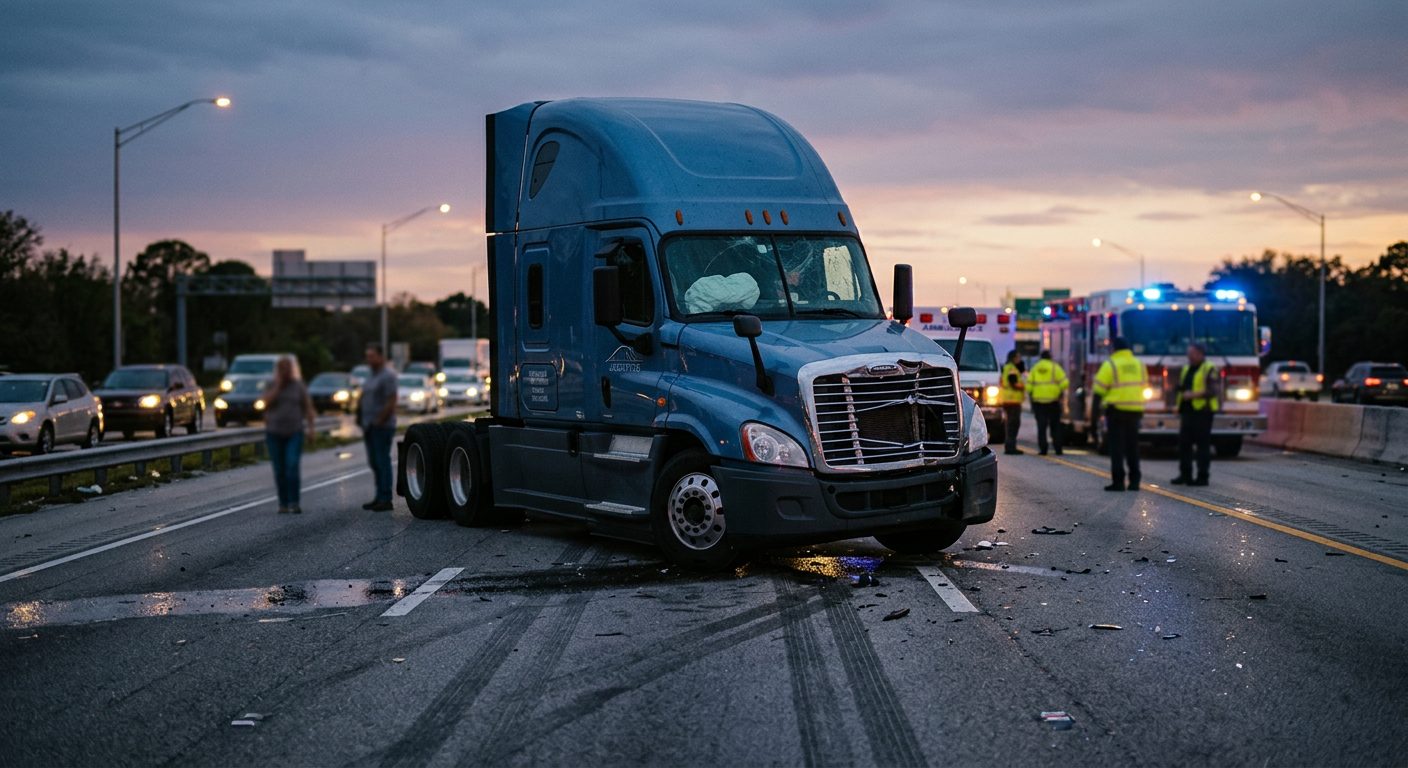 Damaged vehicles on highway after commercial truck collision at dusk.