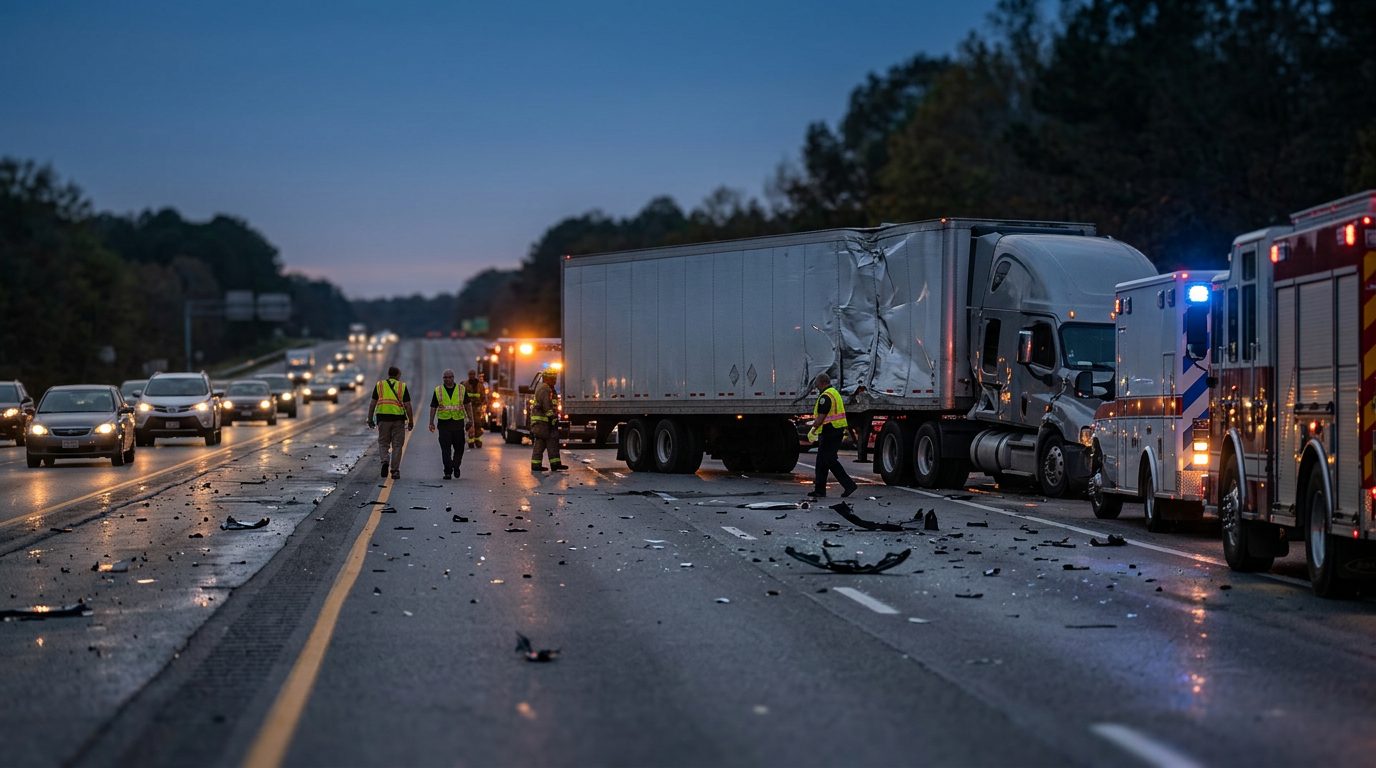 Damaged vehicles on highway after serious truck collision at dusk.