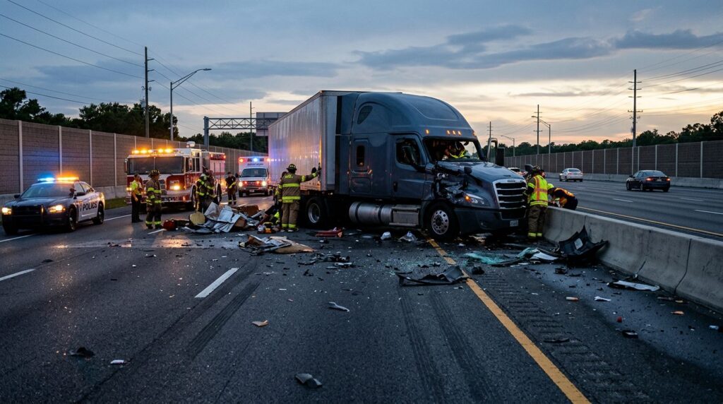 Damaged vehicles on highway after truck collision at dusk.
