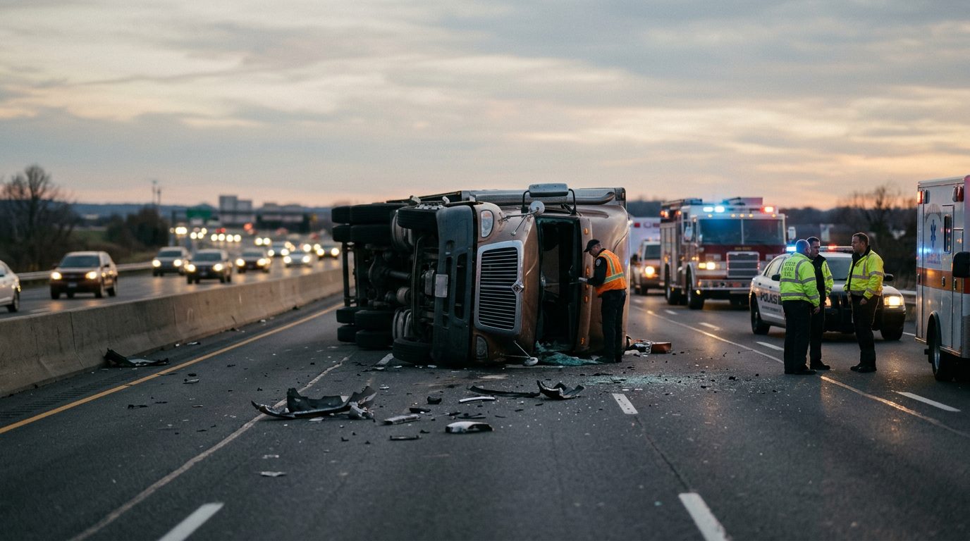 Damaged vehicles on highway after truck collision at dusk.