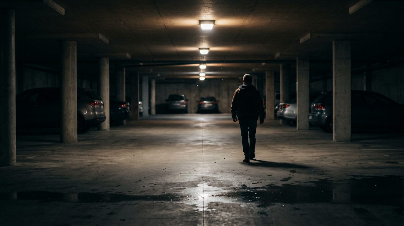 Dimly lit parking garage at night with inadequate lighting and shadows.