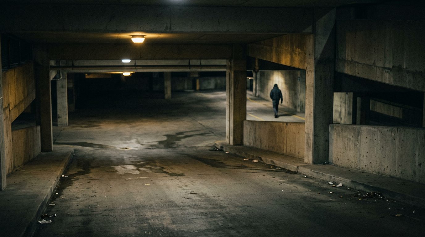 Dimly lit parking garage at night with inadequate lighting.