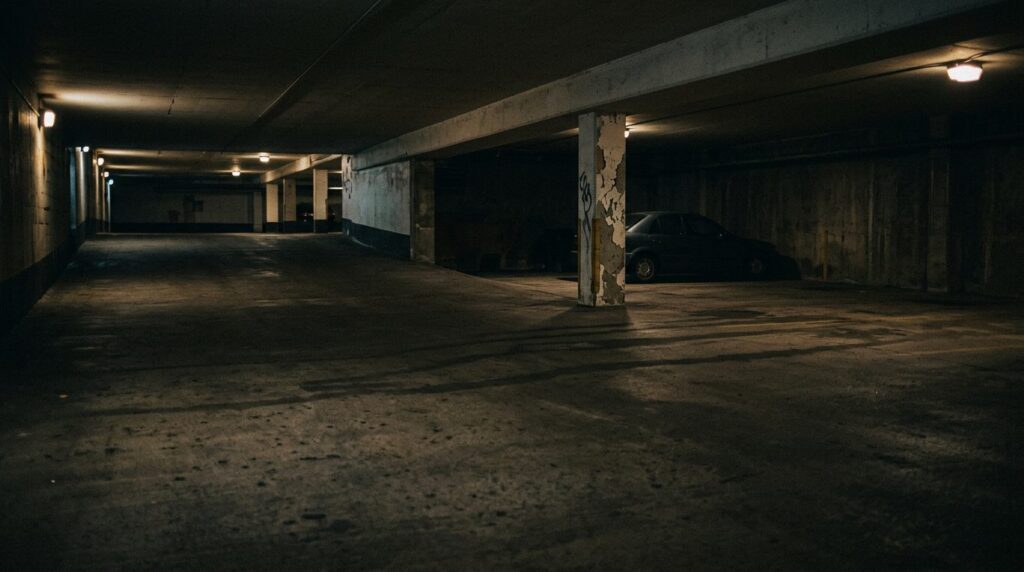 Dimly lit parking garage at night with poor visibility and inadequate lighting.