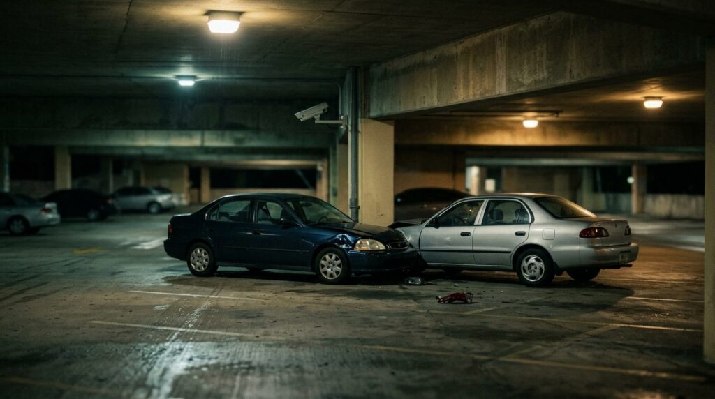 Dimly lit parking garage at night with poor visibility and inadequate lighting.