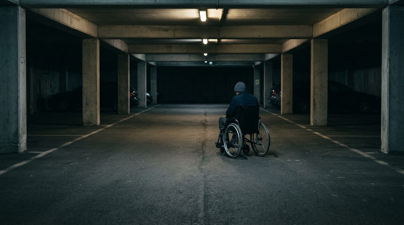 Dimly lit parking garage at night with poor visibility and inadequate lighting.