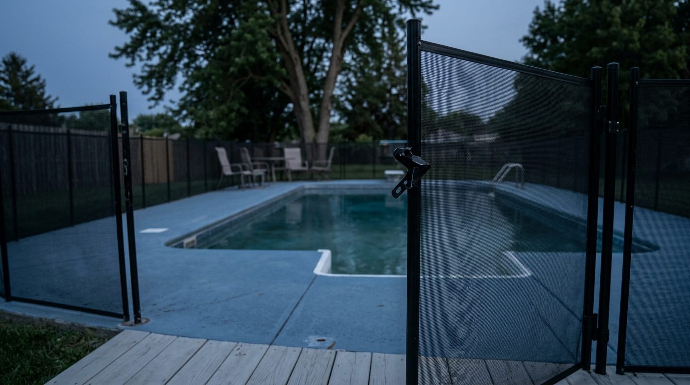 Empty residential swimming pool at dusk with unlatched safety gate and missing barrier fencing.