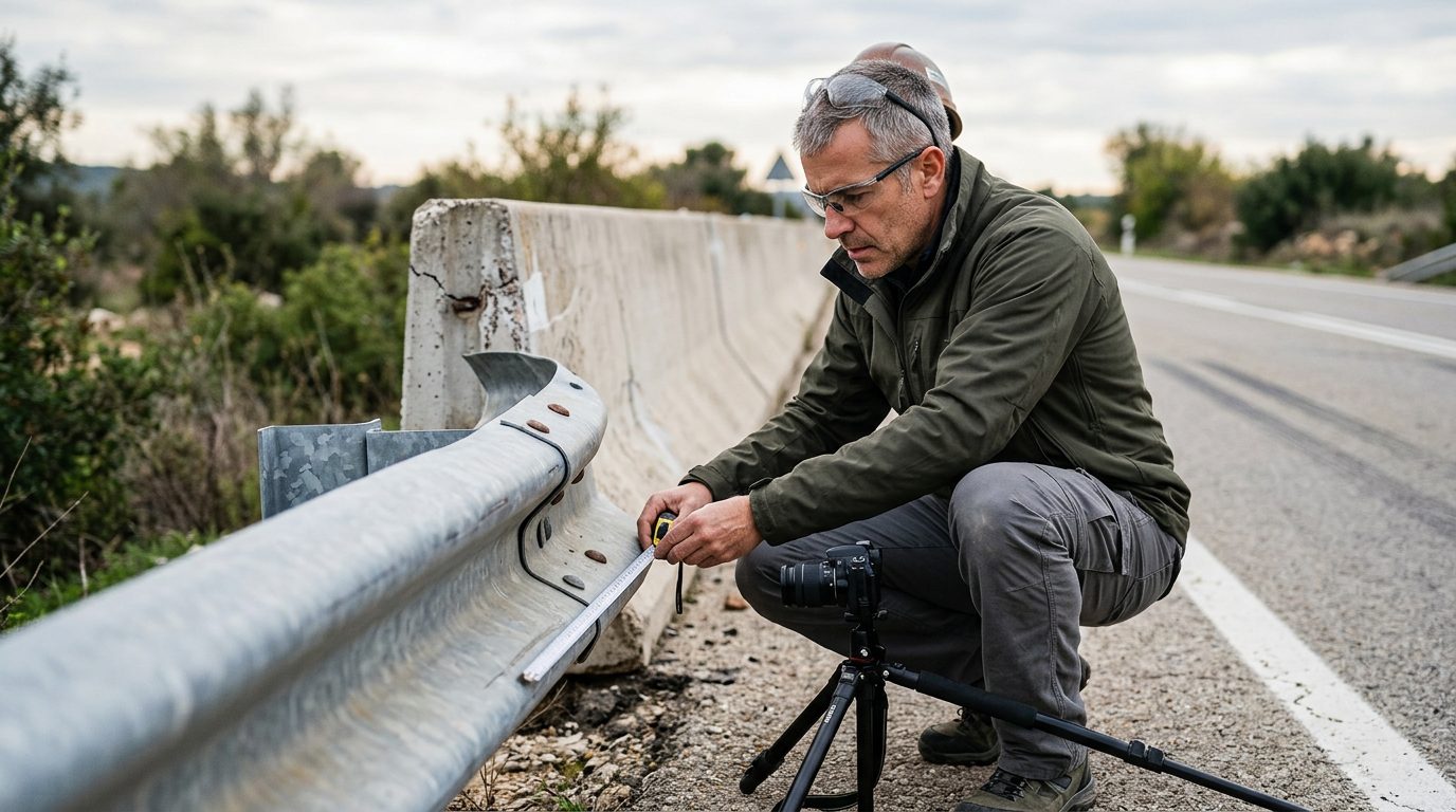 Engineer inspecting damaged guardrail at crash scene for evidence documentation.