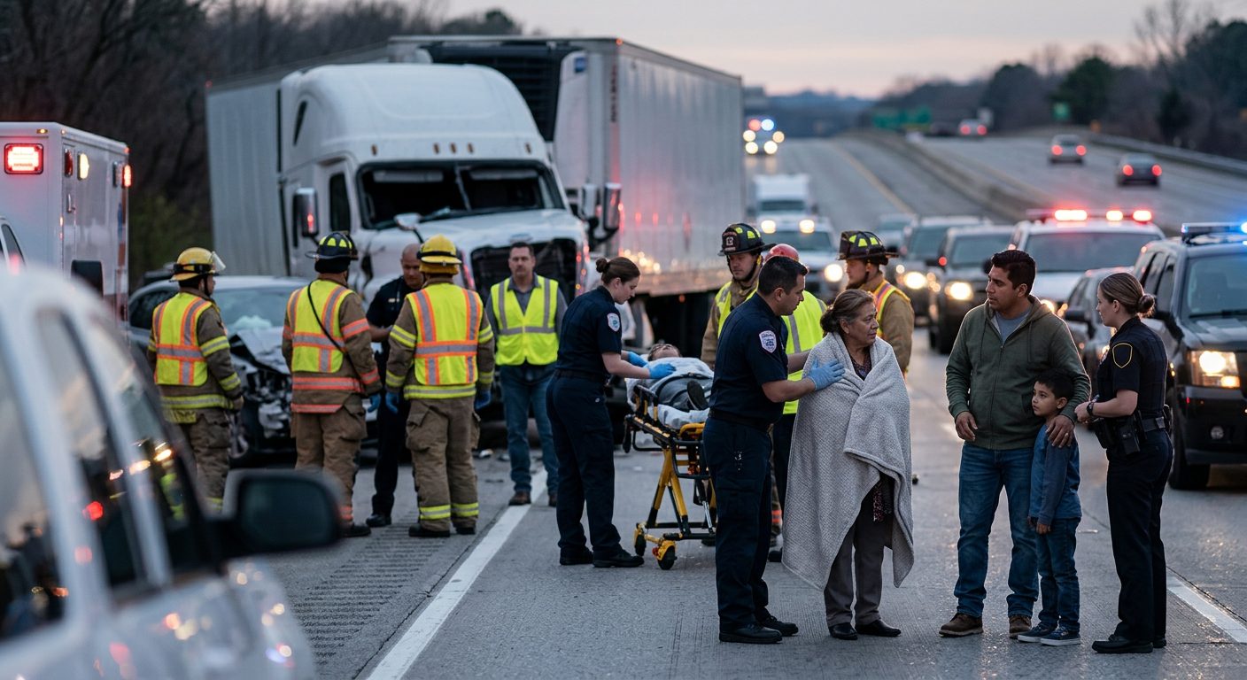 Escena de accidente grave de camión comercial en carretera al atardecer con personas heridas.