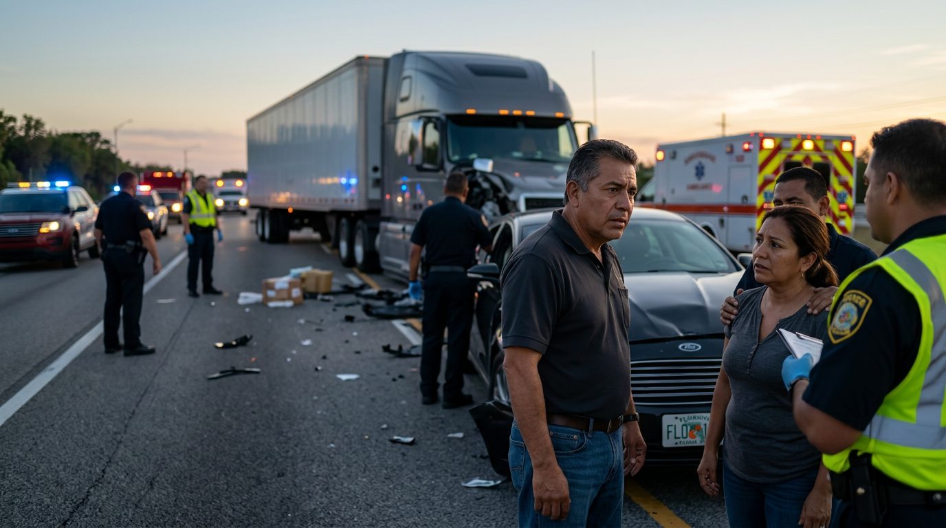 Escena de accidente grave de camión comercial en carretera al atardecer con personas hispanolas.