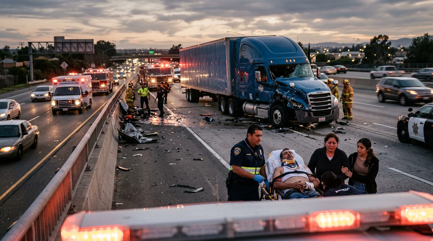Escena de accidente grave de camión comercial en carretera al atardecer con personas hispanolas.
