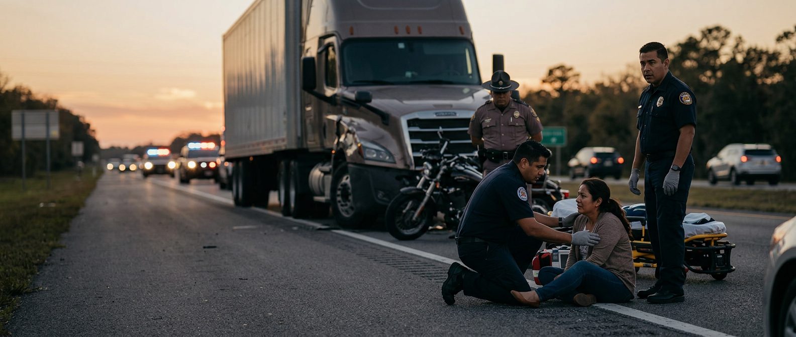 Escena de accidente grave en carretera con vehículos dañados y personas en el lugar.