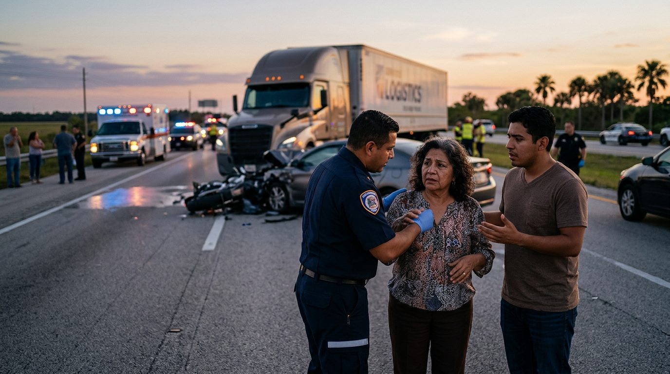 Escena de accidente grave entre camión comercial y vehículo en carretera al atardecer.