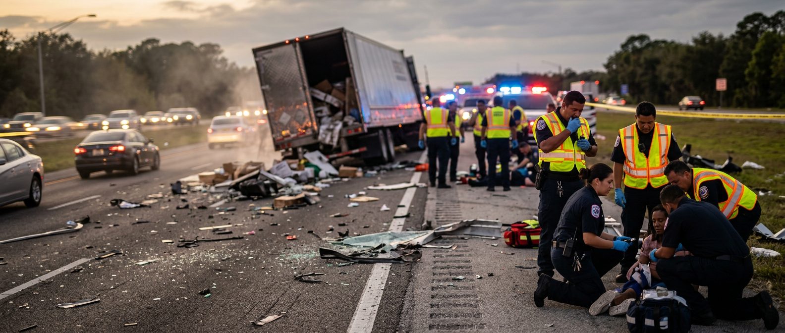 Escena de accidente grave entre camión comercial y vehículo en carretera al atardecer en Florida.