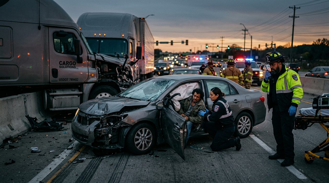 Escena de accidente grave entre camión comercial y vehículo en carretera al atardecer.