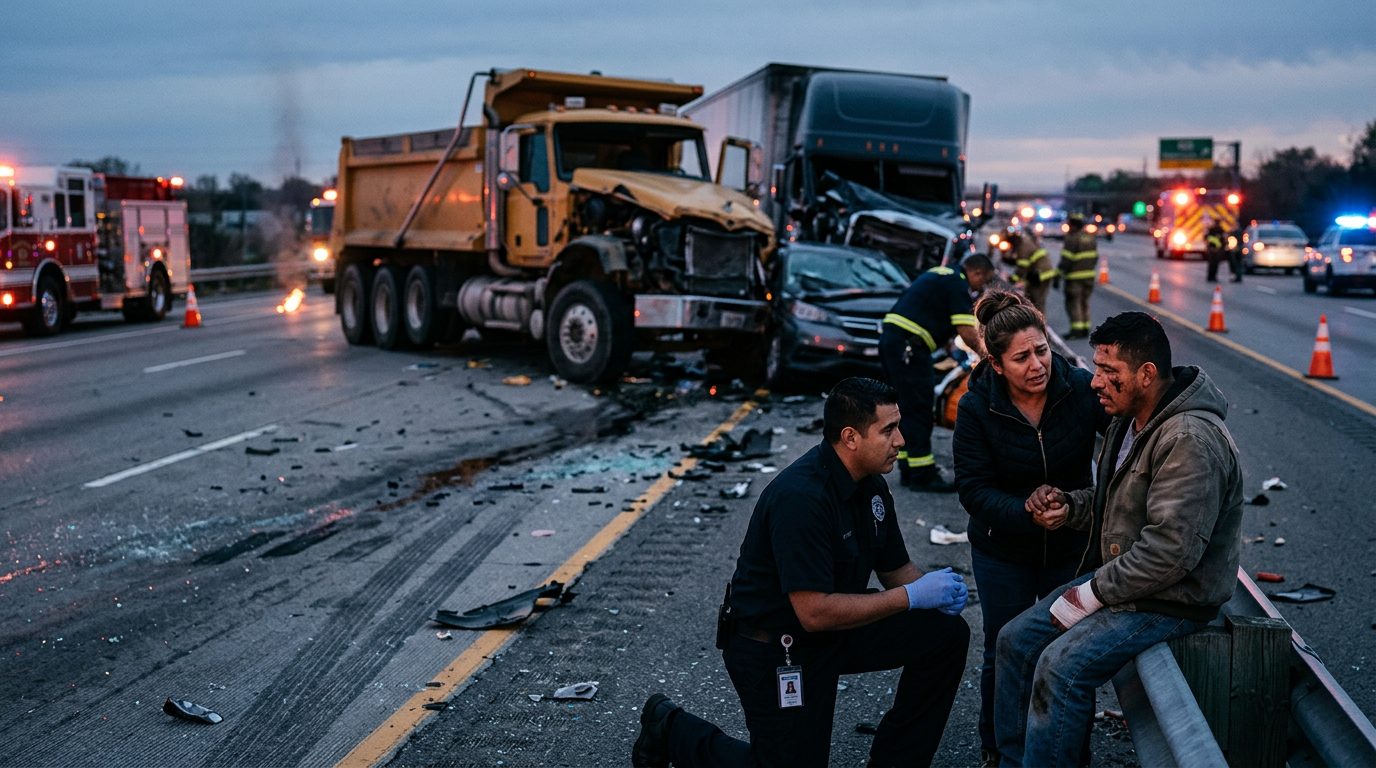 Escena de accidente grave entre camión comercial y vehículo en carretera al atardecer.