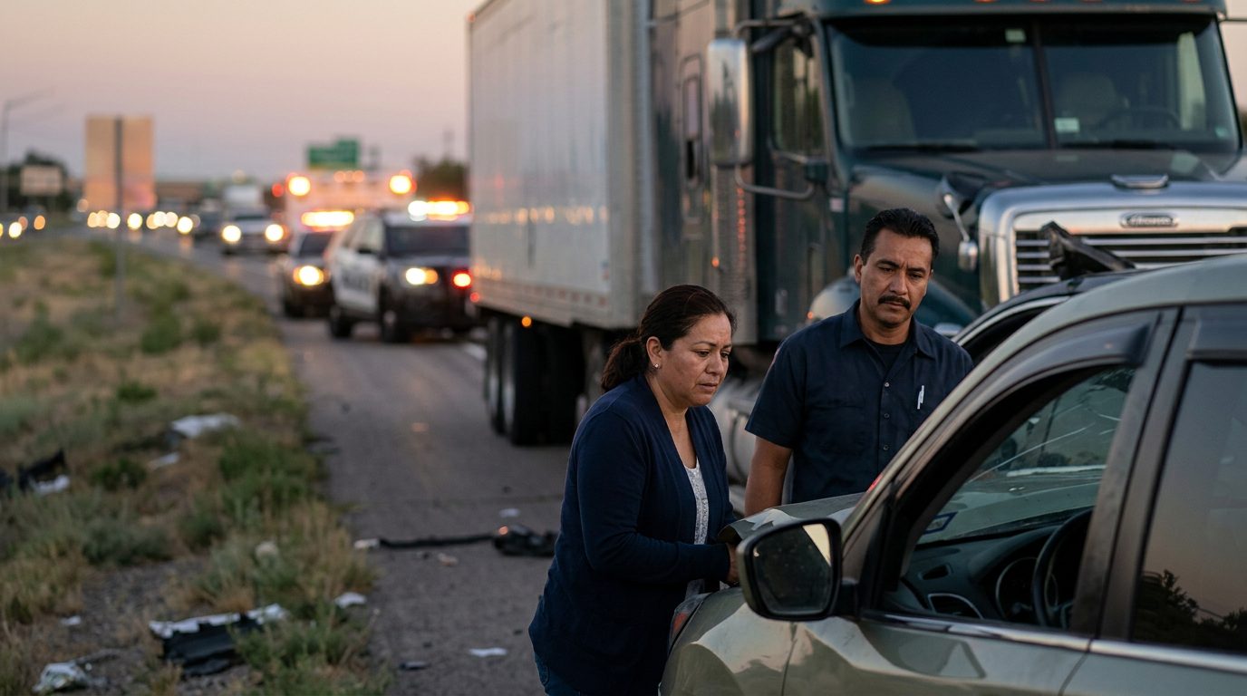 Escena de accidente grave entre camión comercial y vehículos en carretera al atardecer.