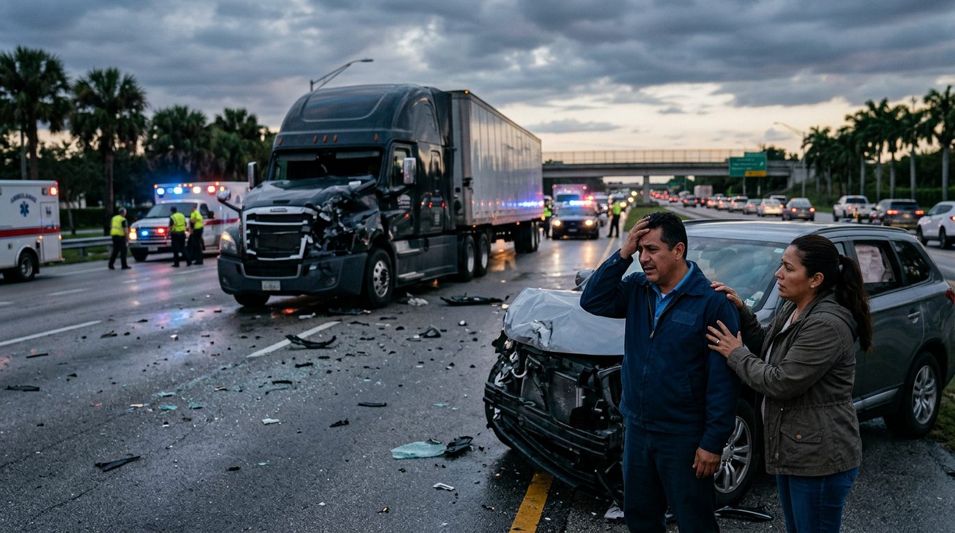 Escena de accidente grave entre camión comercial y vehículos en carretera al atardecer.