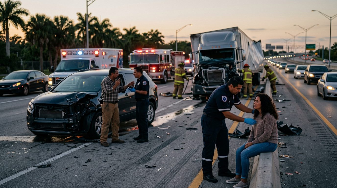 Escena de accidente grave entre camión comercial y vehículos en carretera al atardecer.