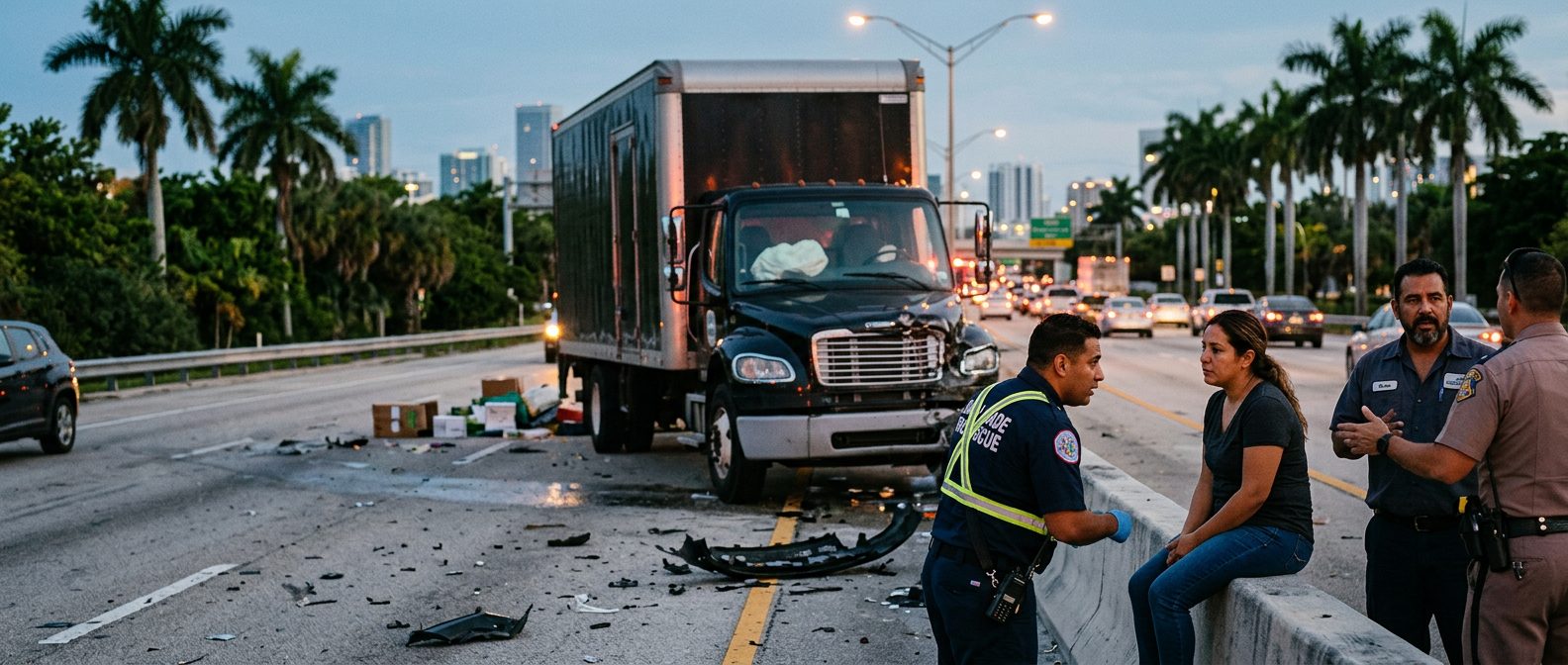 Escena de accidente grave entre camión comercial y vehículos en carretera de Miami al atardecer.