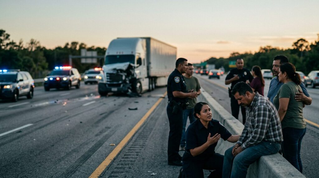 Escena de accidente vehicular grave en carretera al atardecer con personas hispanolas.