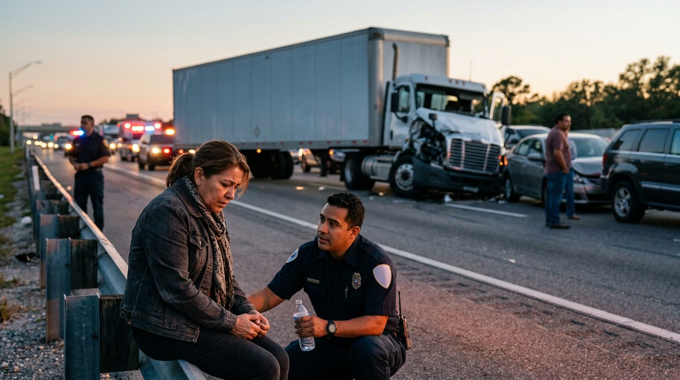 Escena de accidente vehicular grave en carretera al atardecer con personas.