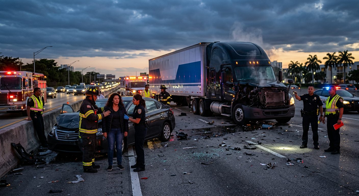 Escena de accidente vehicular grave en carretera al atardecer con personas hispanolas.