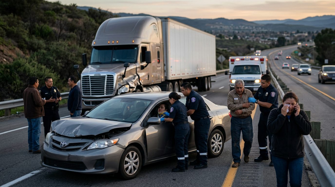 Escena de accidente vehicular grave en carretera con personas hispanohablantes evaluando daños.