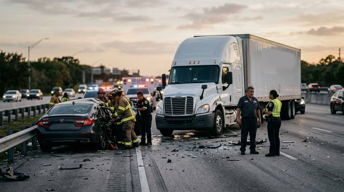 Escena de colisión grave entre camión comercial y vehículo en carretera al atardecer.