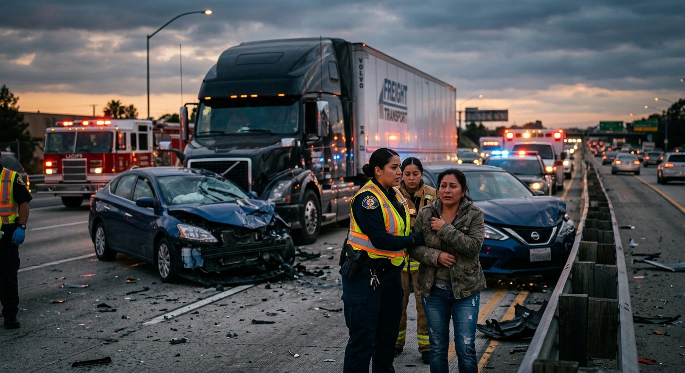 Escena de un grave accidente de camión comercial en una carretera al atardecer.