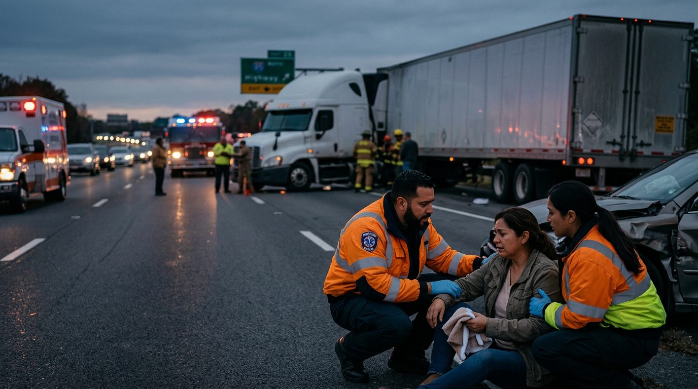 Escena de un grave accidente de camión comercial en una carretera al atardecer.