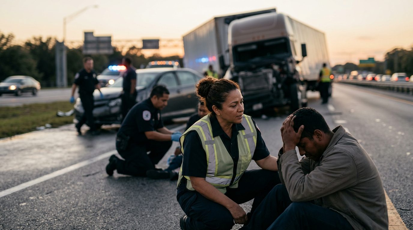 Escena de un grave accidente vehicular en carretera al atardecer con personas hispanohablantes.