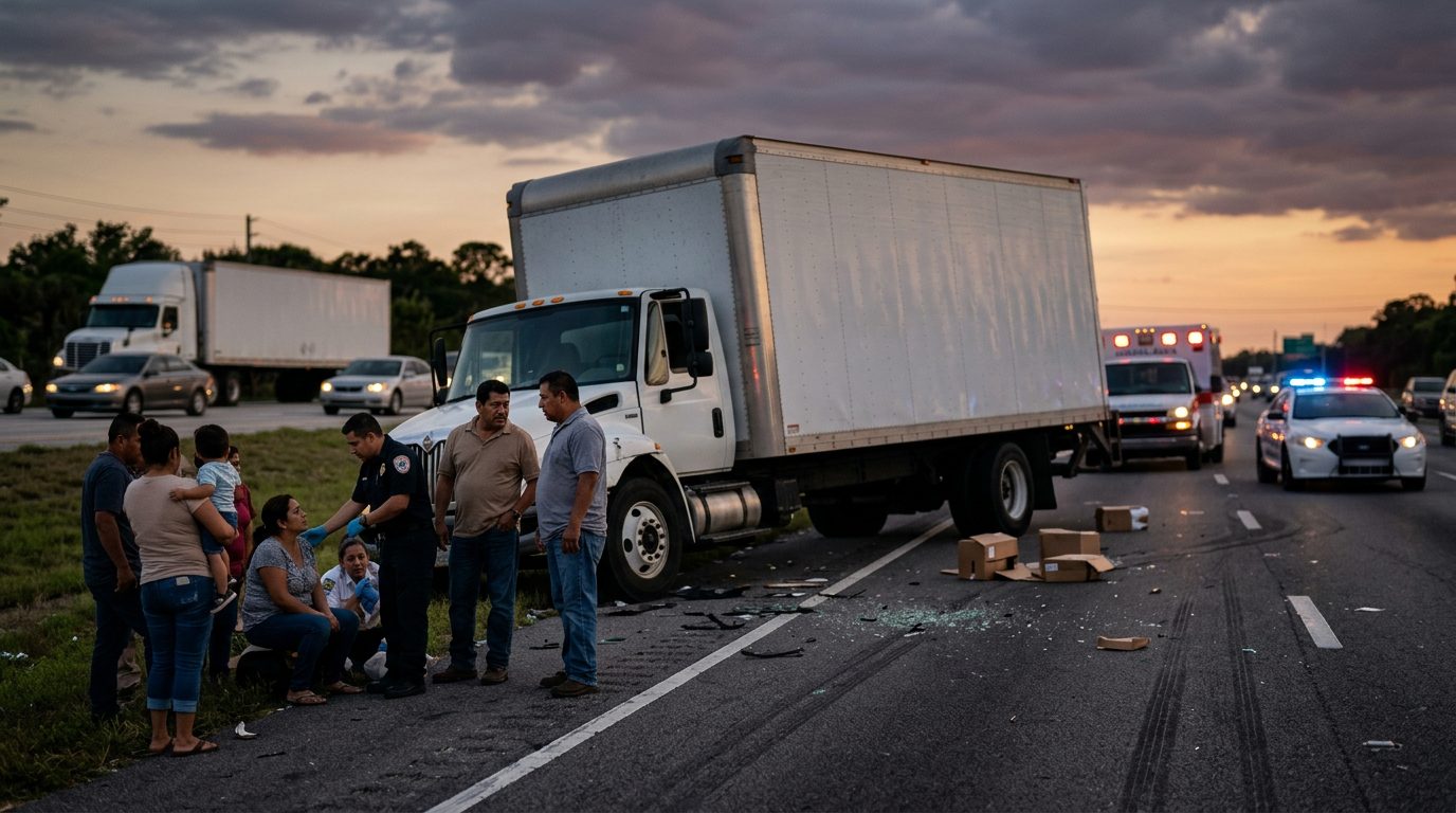 Escombros y daños en carretera tras colisión de camión comercial al atardecer.