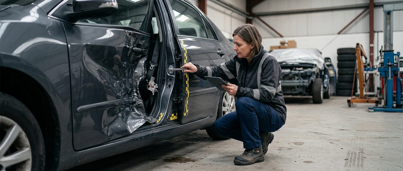 Expert examining failed seatbelt anchor and crumpled door frame on damaged vehicle in forensic garage.