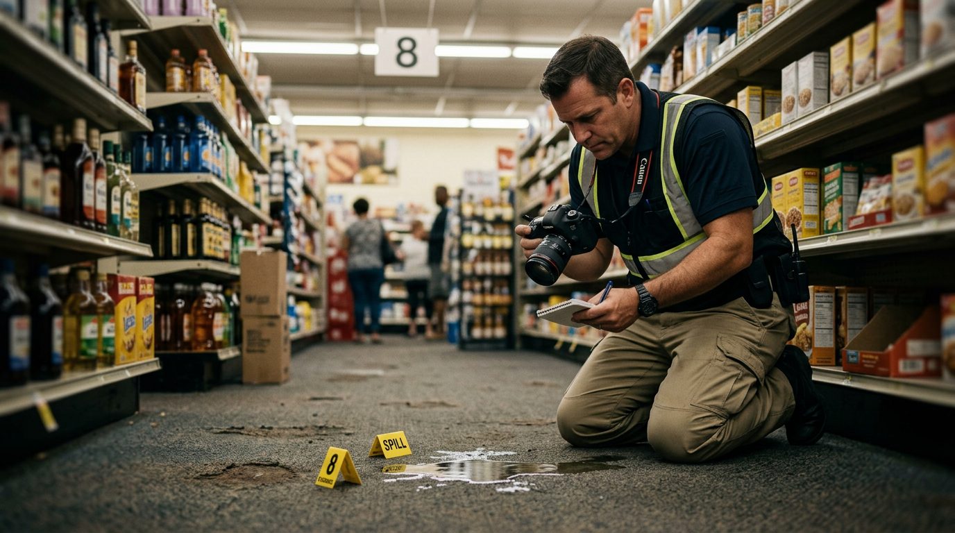 Facilities investigator documenting spilled liquid, worn carpet, and poor lighting in retail store aisle.