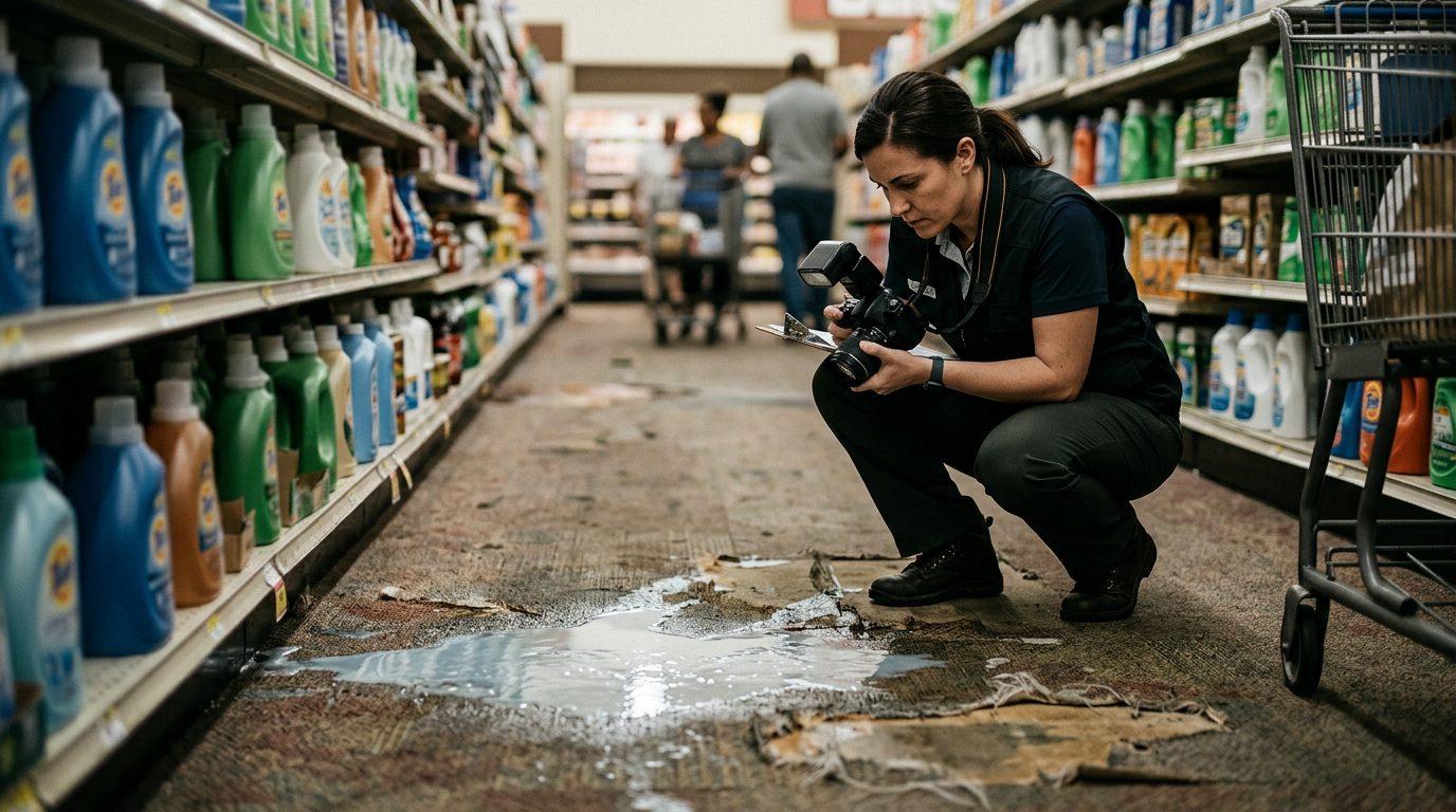 Facilities investigator documenting spilled liquid, worn carpet, and poor lighting in retail store aisle.