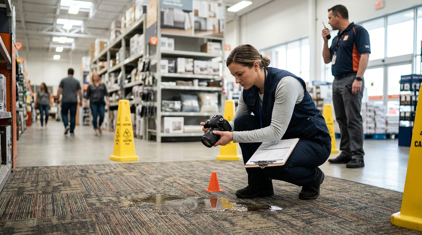 Facilities investigator documenting spilled liquid, worn carpet, and poor lighting in store aisle.