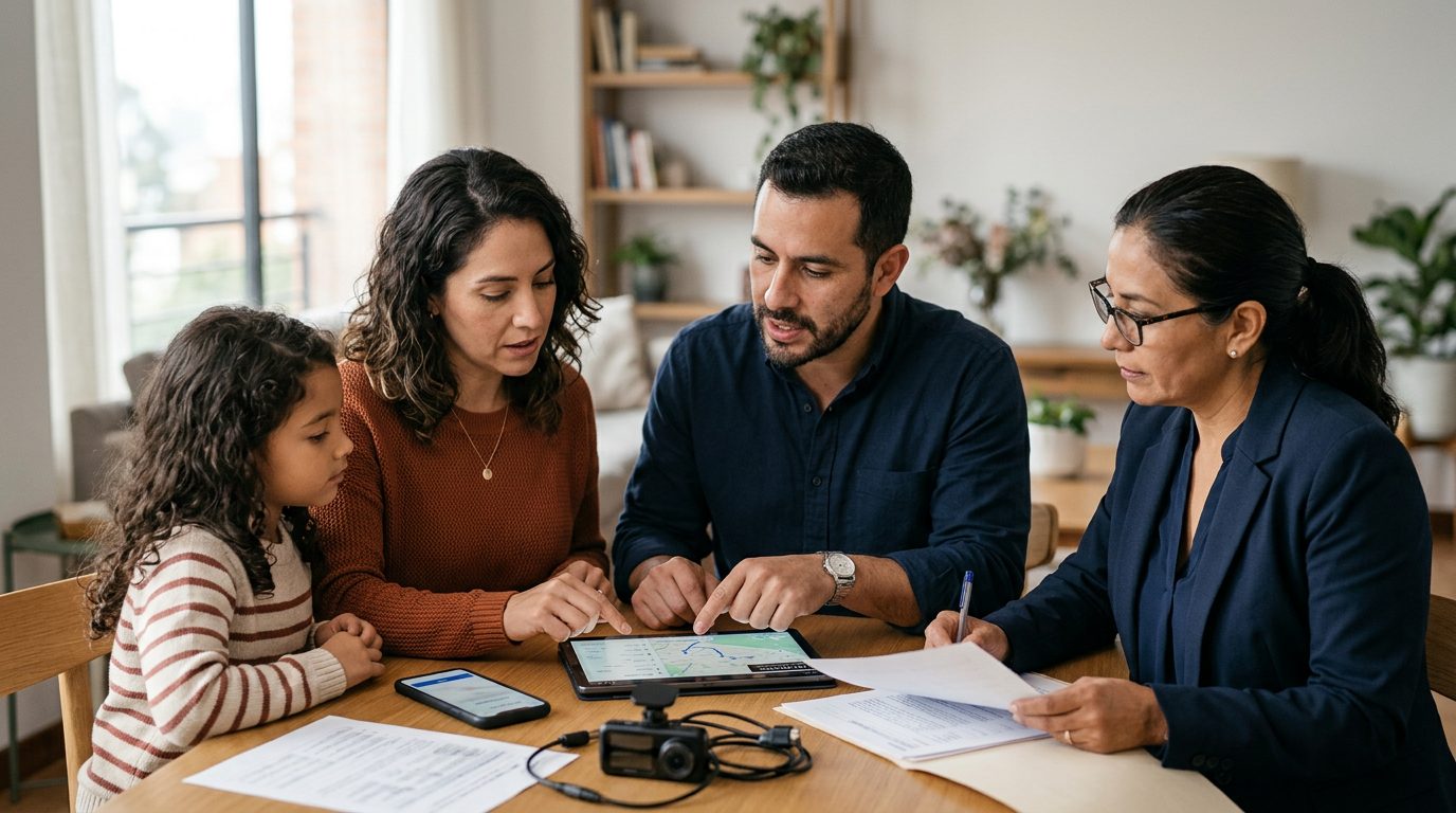 Familia revisando datos de cámara de auto y aplicación de viajes compartidos con investigador tras colisión.