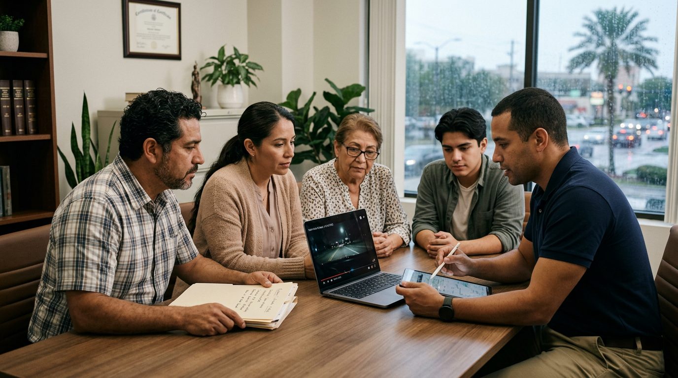 Familia revisando datos de cámara de tablero y aplicación de viaje compartido con investigador tras colisión.