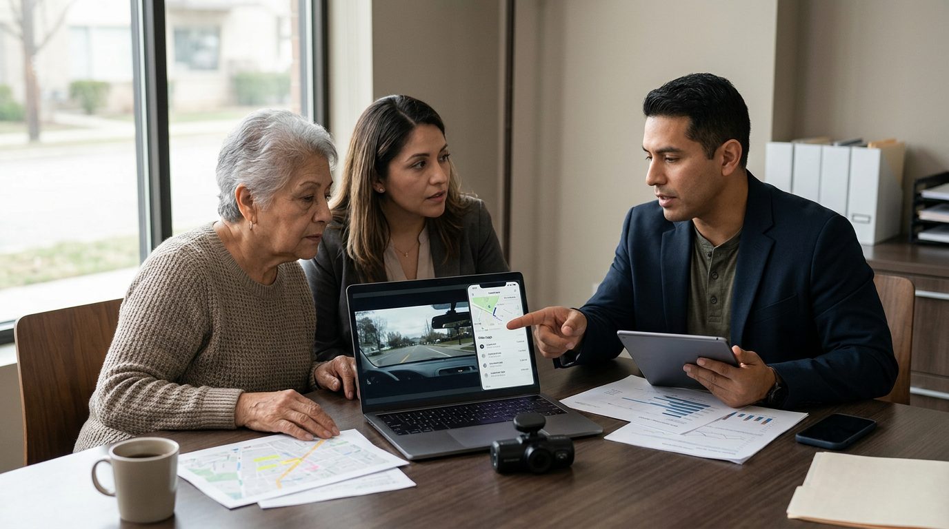 Familia revisando video de cámara de tablero y datos de aplicación de viajes con investigador para documentar colisión.