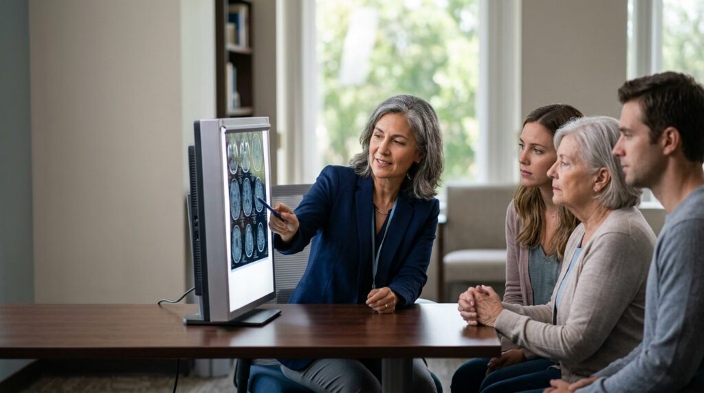 Family meeting with doctor to review medical imaging results.