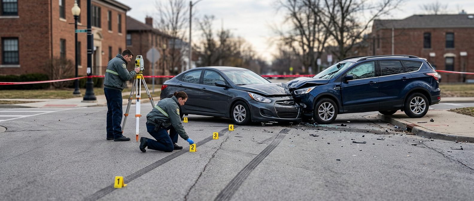 Forensic team documenting skid marks and vehicle positions at accident scene intersection.