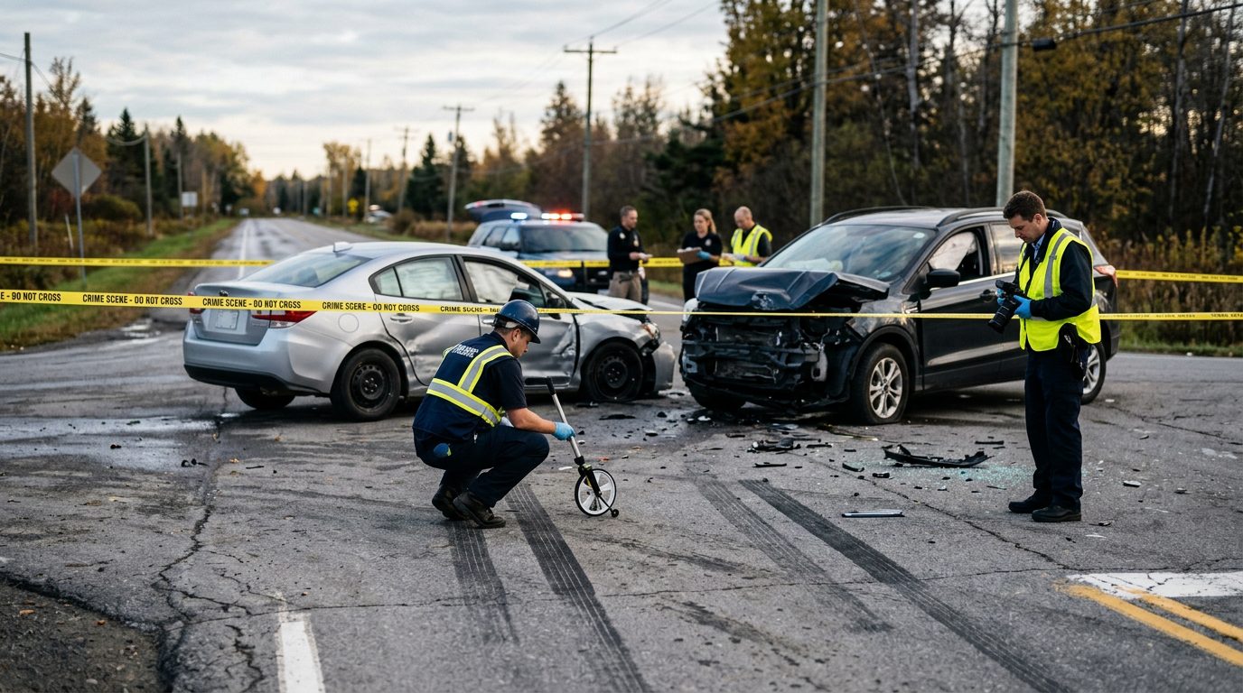 Forensic team documenting skid marks and vehicle positions at accident scene intersection.