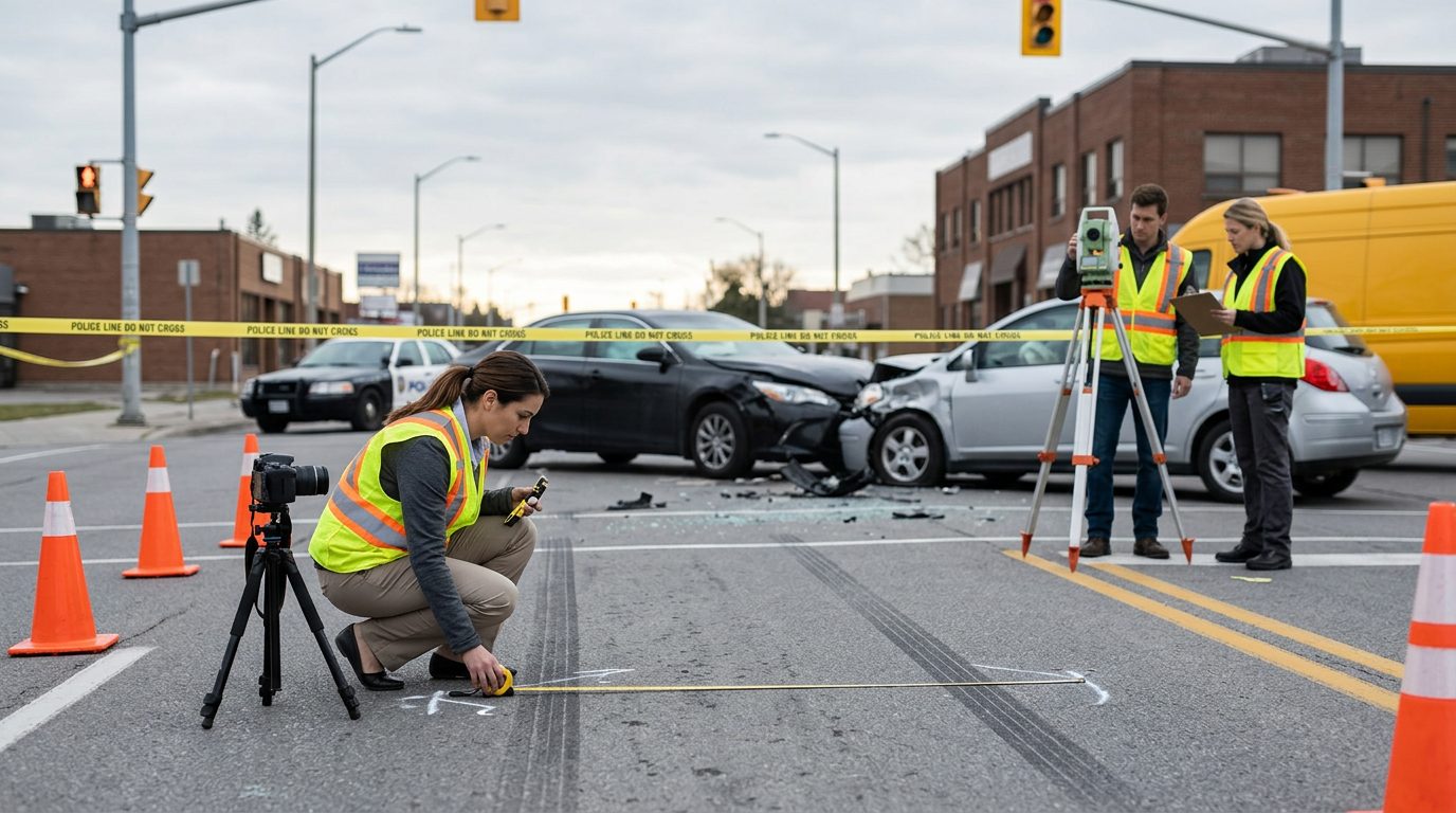 Forensic team documenting skid marks and vehicle positions at accident scene intersection.